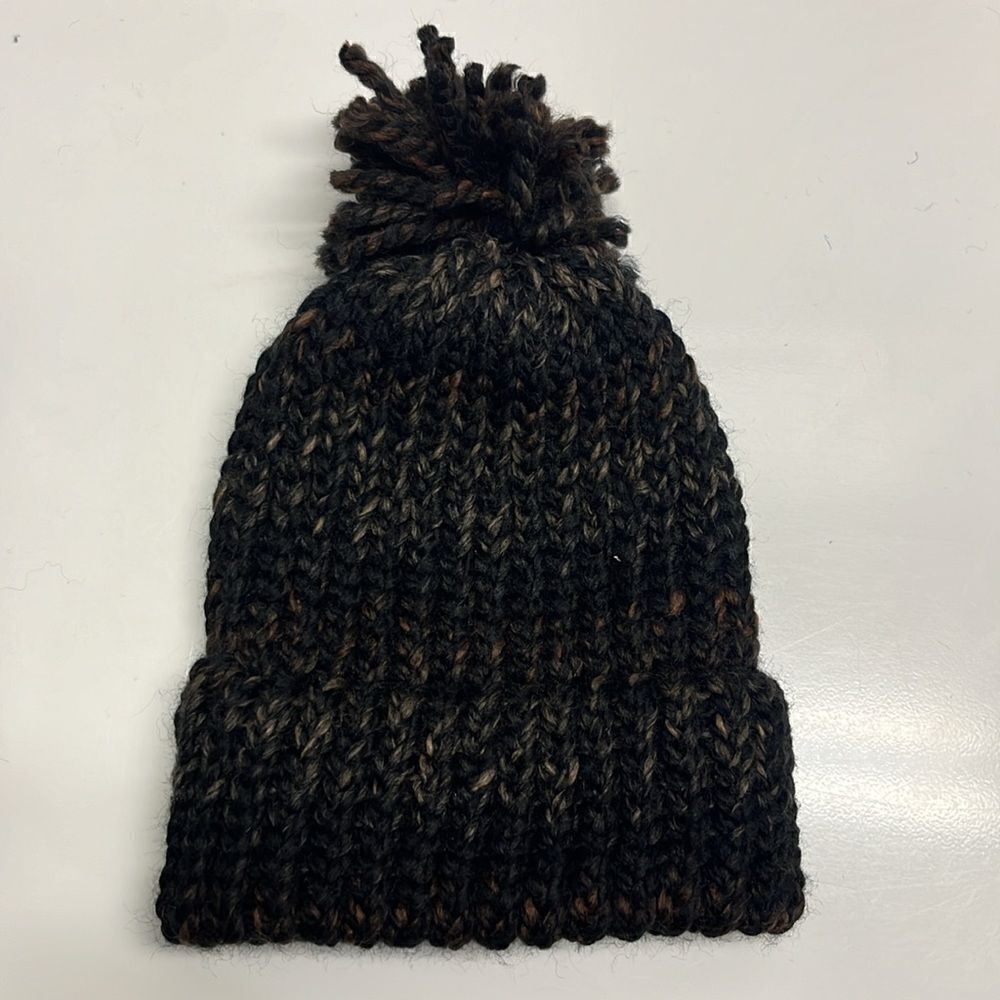 Homemade Wool and Acrylic Knitted Black & Brown Marbled Winter Hat- Chid/Small